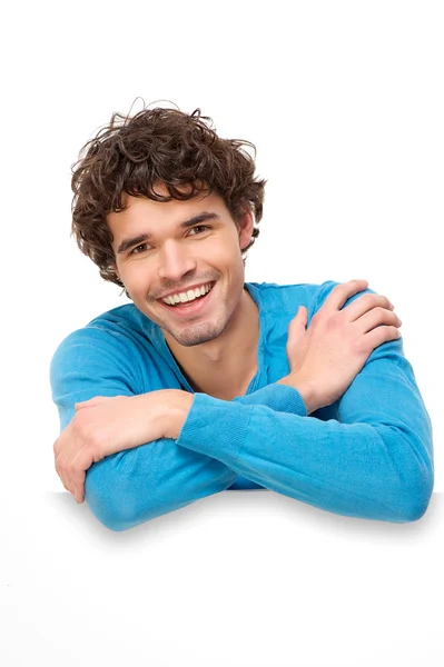 Handsome Man Smiling on Blank Signboard — Stock Photo, Image