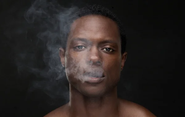 African American Man with Smoke Coming Out Mouth — Stock Photo, Image