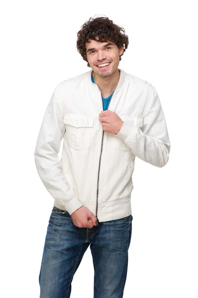 Handsome Man Holding Zipper on Jacket — Stock Photo, Image