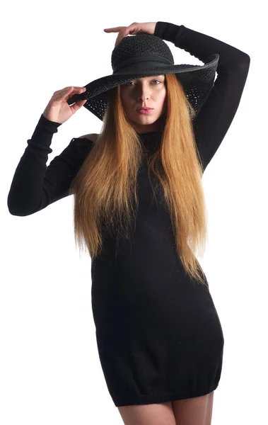 Portrait of a young woman in black hat — Stock Photo, Image