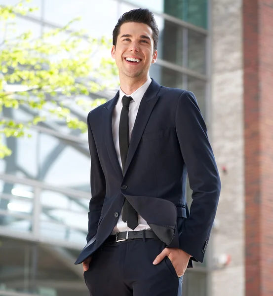 Happy businessman walking to work — Stock Photo, Image