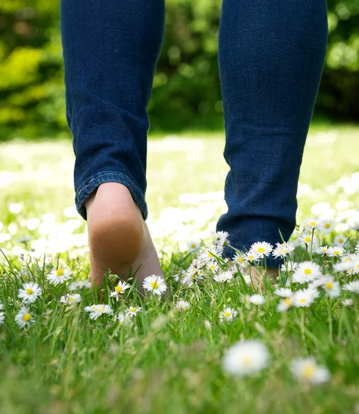 Vrouw wandelen in het park barefoot — Stockfoto