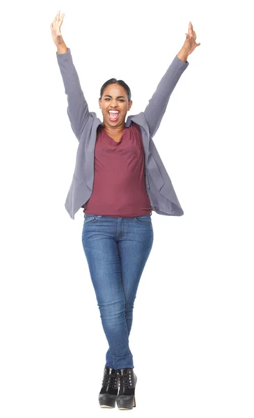 Portrait of a happy woman with arms raised — Stock Photo, Image