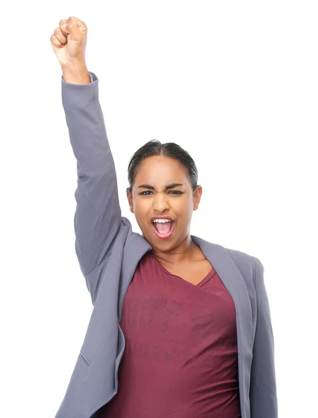 Mujer joven con la mano levantada en celebración — Foto de Stock