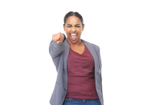 Retrato de uma mulher feliz apontando dedo — Fotografia de Stock