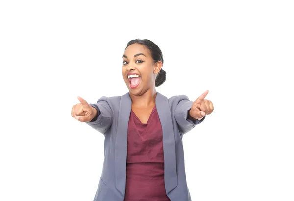 Mujer joven con expresión feliz señalando los dedos — Foto de Stock