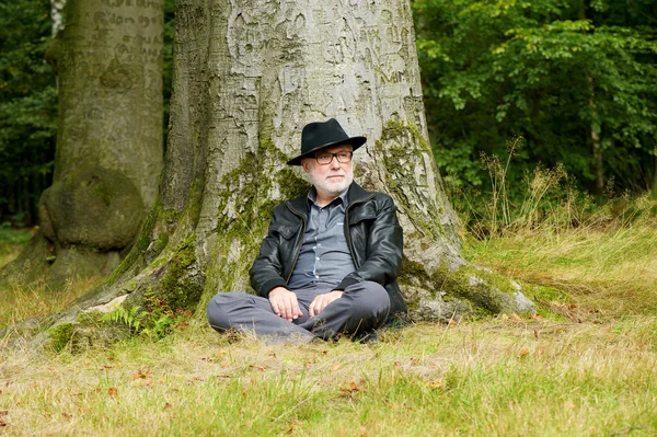 Wise old man sitting under tree in the forest