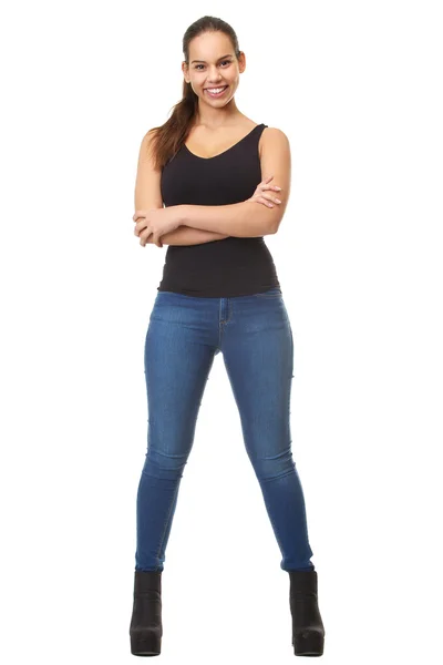 Portrait of a young woman smiling with arms crossed — Stock Photo, Image