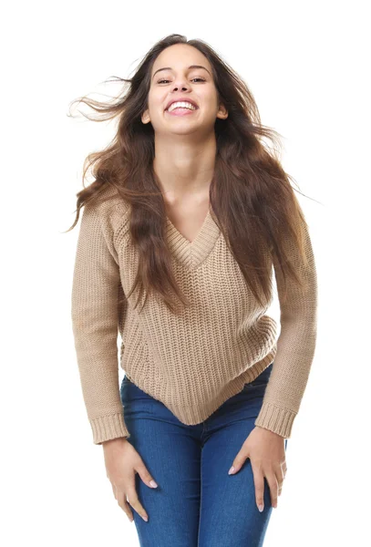 Young woman laughing with hair blowing — Stock Photo, Image