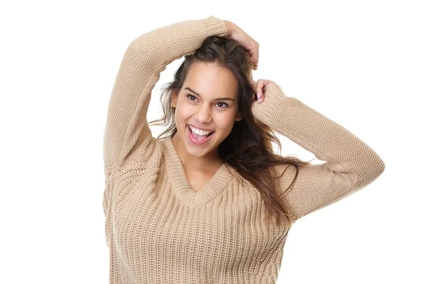 Portret van een gelukkige jonge vrouw die lacht — Stockfoto