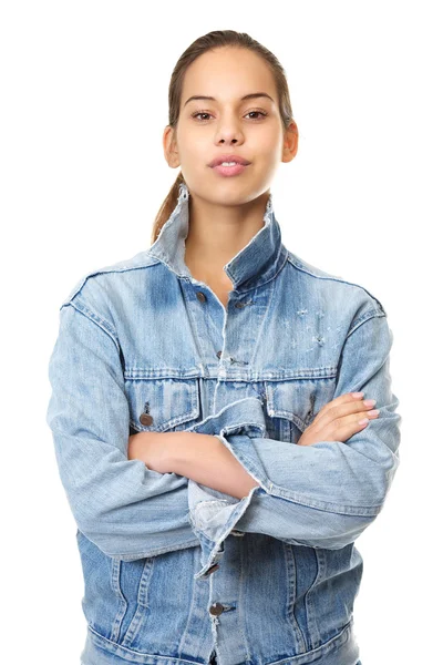 Porträt einer schönen jungen Frau in Jeansjacke — Stockfoto