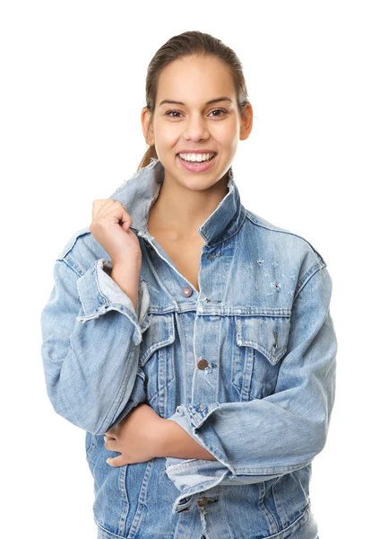 Ung kvinna ler i denim jeansjacka — Stockfoto