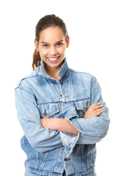 Ragazza carina sorridente in giacca jeans blu denim — Foto Stock