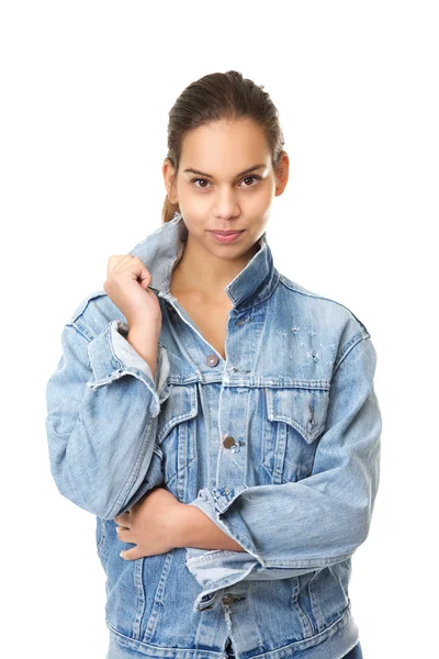 Leuk meisje in blauwe denim jeans jasje — Stockfoto