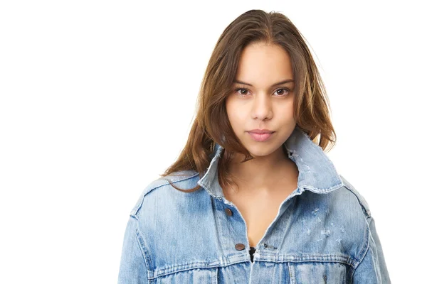Horizontal portrait of an attractive young woman in jeans jacket — Stock Photo, Image