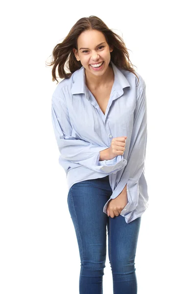 Trendy jonge vrouw lachen op geïsoleerde witte achtergrond — Stockfoto