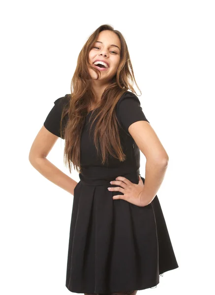 Portrait of an enthusiastic young woman laughing in black dress — Stock Photo, Image