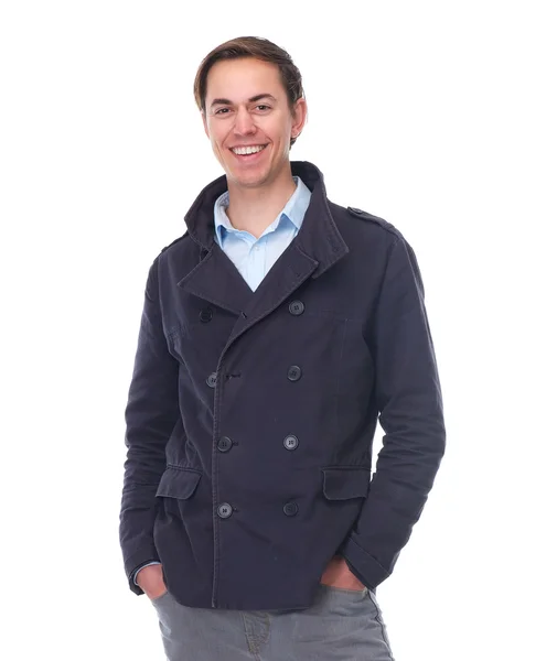 Cheerful young man smiling in blue jacket — Stock Photo, Image