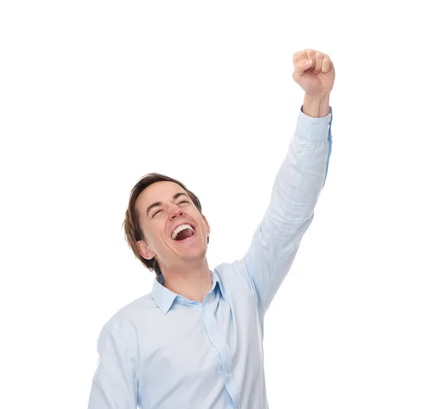 Nahaufnahme Porträt eines glücklichen Mannes mit erhobener Hand zur Feier — Stockfoto