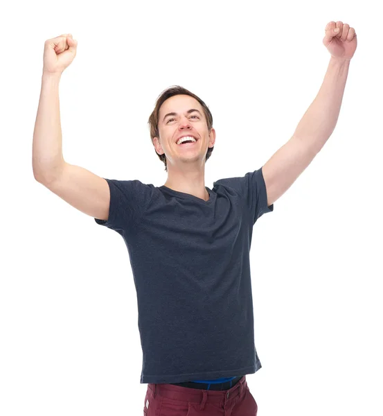 Retrato de um homem sorridente com braços levantados em sucesso — Fotografia de Stock