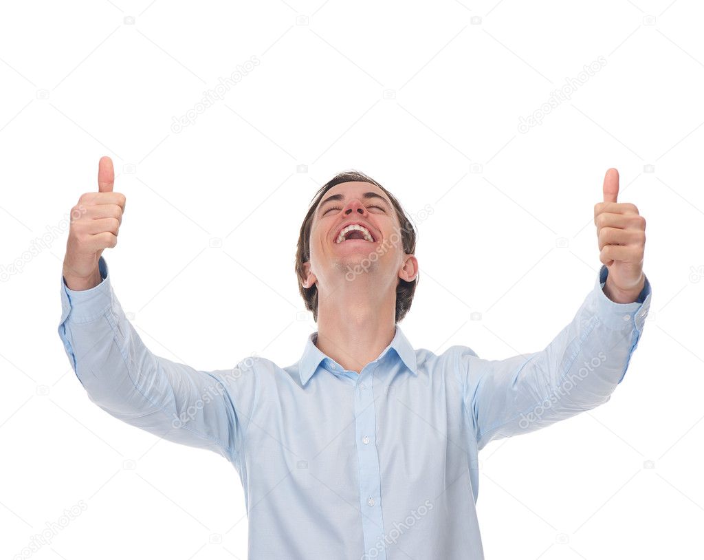 Portrait of a cheerful man posing with thumbs up