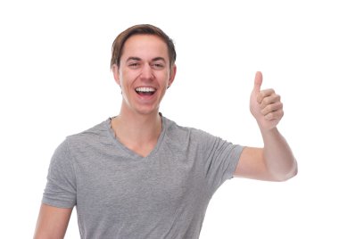 yatay yukarı başparmak ile gülümseyerek mutlu bir adam portresi yukarıya kapatmak