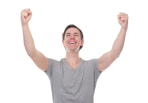 Close up portrait of a man smiling and celebrating with arms outstretched — Stock Photo, Image