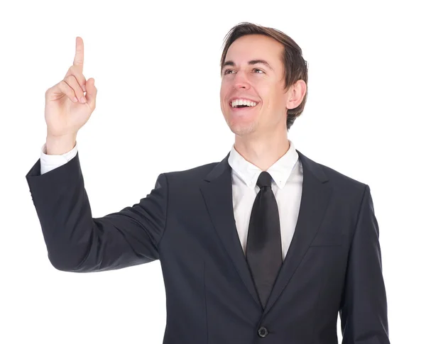 Jovem empresário confiante sorrindo e apontando dedo — Fotografia de Stock