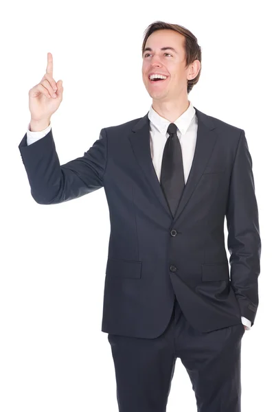 Empresário feliz sorrindo e apontando o dedo — Fotografia de Stock