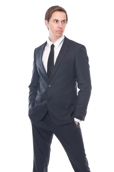 Bonito modelo de moda masculina em terno de negócios preto — Fotografia de Stock