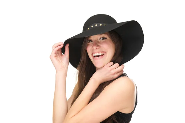 Close up portrait of a smiling woman with black hat — Stock Photo, Image