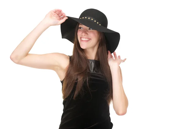 Счастливая девушка, улыбающаяся в черной шляпе — стоковое фото