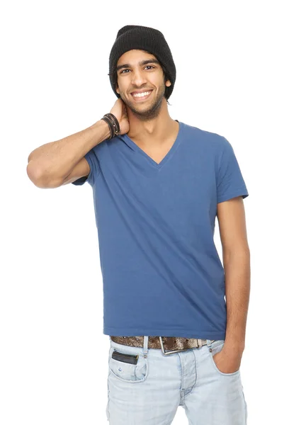 Close up portrait of a happy man with black hat — Stock Photo, Image