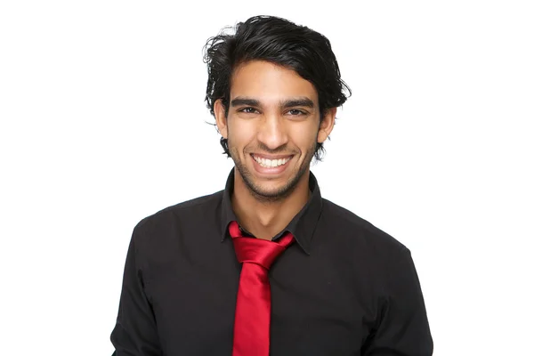 Young man in black shirt and tie laughing — Stock Photo, Image