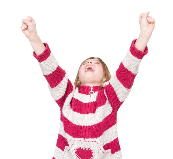 Happy young girl cheering with arms raised — Stock Photo, Image