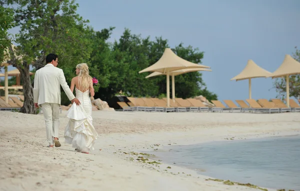 Sposa e sposo a piedi sulla spiaggia di caraibi — Foto Stock