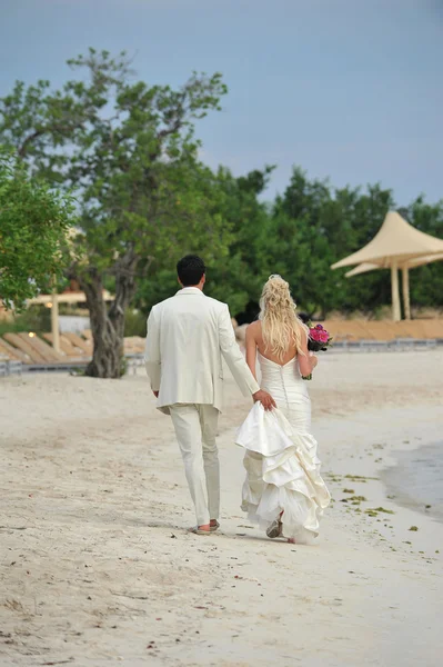 Bride and groom walking on beach — Stock Photo, Image