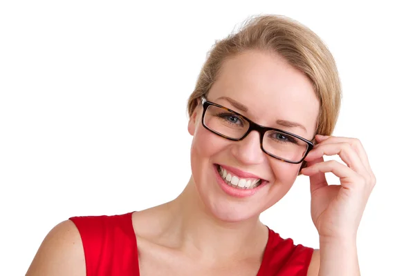 Χαμογελώντας ξανθιά γυναίκα με γυαλιά — Φωτογραφία Αρχείου