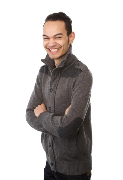 Asyalı adam silah izole beyaz arka plan üzerinde çarpı işareti ile poz gülümseyen — Stok fotoğraf