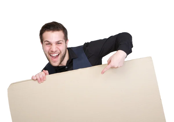 Man pointing finger to blank poster — Stock Photo, Image