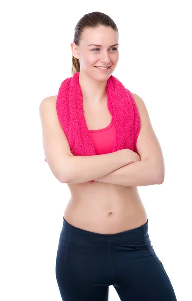 Młoda kobieta uśmiechając się ręcznikiem — Zdjęcie stockowe