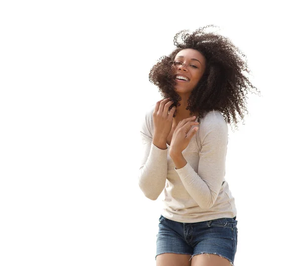 Mulher sorrindo ao ar livre em shorts — Fotografia de Stock