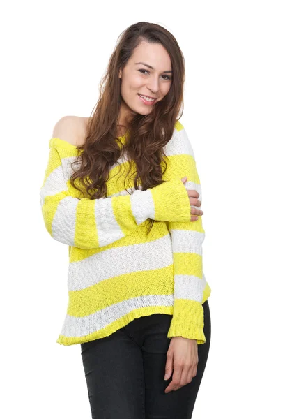 Woman smiling with striped sweater — Stock Photo, Image