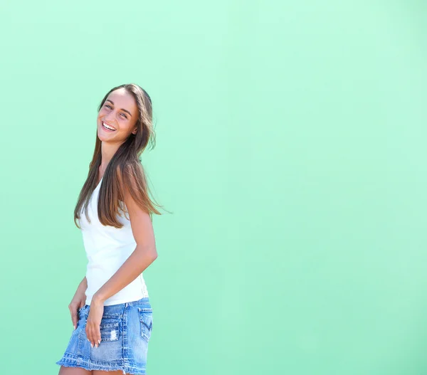 Side view portrait of a cute girl smiling — Stock Photo, Image