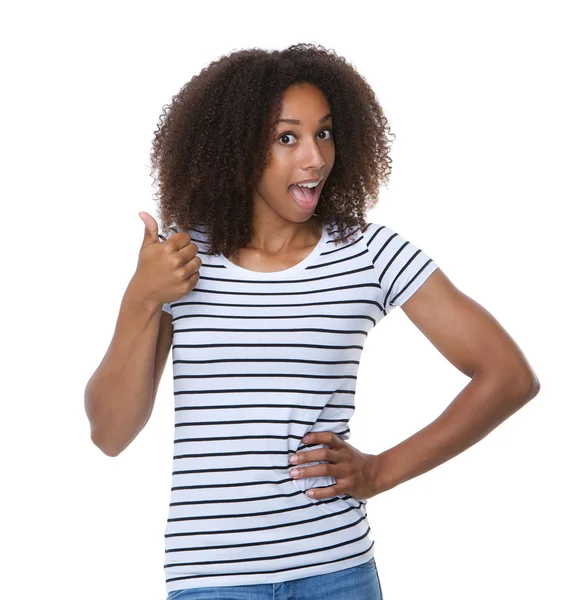 Hermosa joven sonriendo con los pulgares hacia arriba — Foto de Stock