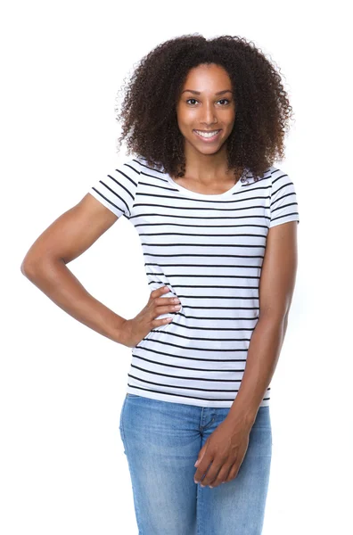 Mujer joven sonriendo con camisa a rayas — Foto de Stock