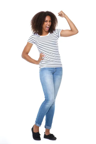Jovem mulher flexionando músculo do braço — Fotografia de Stock