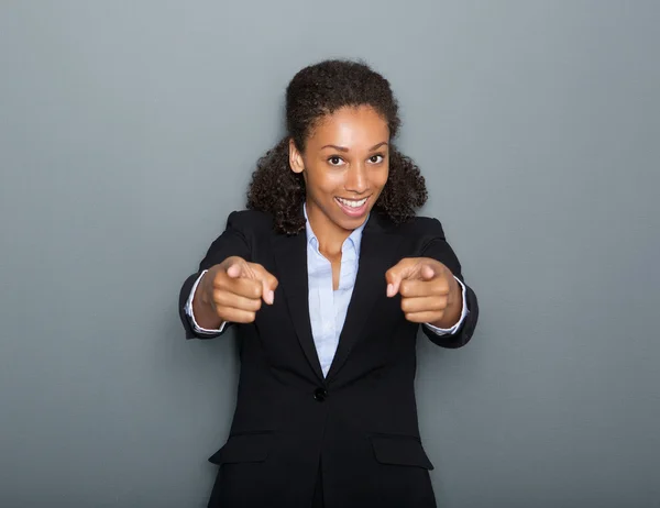 Kendine güvenen iş kadın işaret parmağı — Stok fotoğraf