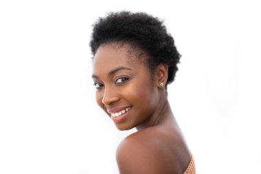 Close up side portrait beautiful smiling african American young woman by isolated white background 