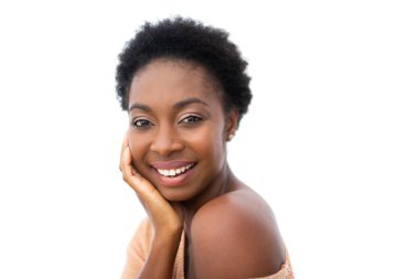 Close up side beauty portrait smiling young african American woman with hand on face 